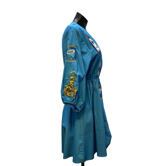 NWT Why Blue Sequin Patch Dress With Vodka & Gin Bottle Motifs S - Picture 3 of 7